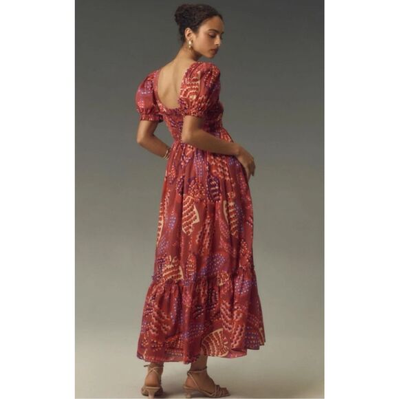 Farm Rio Anthropologie  Puff-Sleeve Smocked Maxi Dress Red Multi Small - Picture 1 of 11